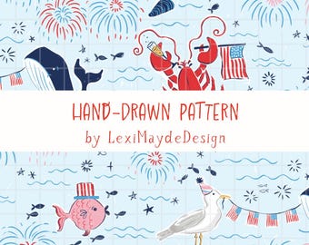Fourth of July, Ocean Critters Seamless Pattern | Coastal Scrapbook Paper, Nautical Fabric Print, Red, White and Blue Pattern