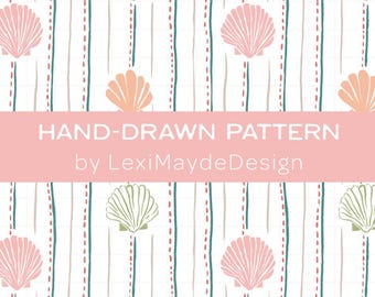 Shells and Stripes, Seamless Pattern | Coastal Scrapbook Paper, Nautical Fabric Print, Warm, Muted Color Palette Pattern