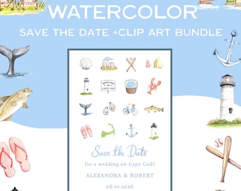 Cape Cod Save the Date Template + Clip Art BUNDLE: Favorites Watercolor Designs, Digital Downloads