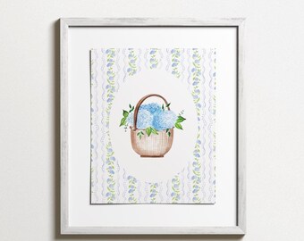 Hydrangea Basket Print: Coastal Watercolor Wall Art (Digital Download)
