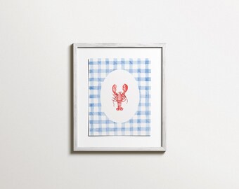 Lobster Gingham Print: Coastal Watercolor Wall Art (Digital Download)