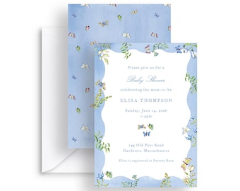 Blue Butterfly Baby Shower Invitation Template: Floral Watercolor (5x7 Editable Digital Download)