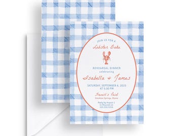 Lobster Bake Rehearsal Dinner - Invitation TEMPLATE, Blue Watercolor Gingham Printable Invitations, 5x7 Editable Template