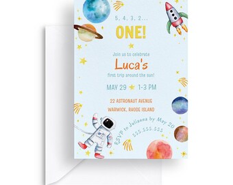 Outer Space First Birthday Invitation: Astronaut, Rocket (5x7 Editable Template - Digital Download