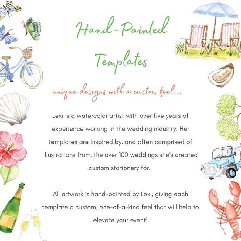 K&ouml;nnte beinhalten: Aquarellillustration mit dem Text "Hand-Painted Templates". Das Bild zeigt ein Fahrrad, Schmetterlinge, eine Muschel, eine Hibiskusbl&uuml;te, Champagner, Strandst&uuml;hle, eine Auster und einen Hummer. Der Text lautet "unique designs with a custom feel..."