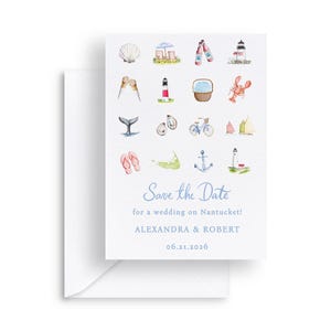 May include: A white card with watercolor illustrations of beach-themed icons, including a seashell, lighthouse, and lobster. The text "Save the Date" is written in blue script, with the names Alexandra & Robert and the date 06.21.2026.