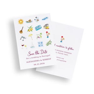 May include: White wedding invitation with watercolor illustrations of Portuguese symbols, including a sun, guitar, and rooster. Text reads "Save the Date for a wedding in Portugal!" and "06.21.2026". The back has additional text.