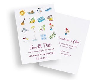 Portugal Illustrated Save the Date Template, 5x7 Editable Template, Stationery Invitations for Destination Wedding in Europe, Watercolor Art