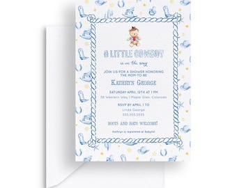 Little Cowboy Baby Shower Invitation: Watercolor Western Theme (5x7 Editable Template, Digital Download)