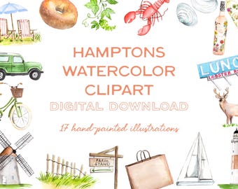 Hamptons Illustration Pack: Watercolor Clip Art Digital Download, Hand-painted Long Island