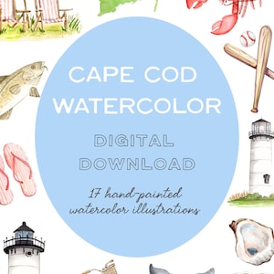 Könnte beinhalten: Aquarellillustrationen von Cape Cod, mit einem Leuchtturm, Hummer, Baseball, Strandstühlen und einem Fahrrad. Das Bild enthält den Text "CAPE COD WATERCOLOR DIGITAL DOWNLOAD 17 handgemalte Aquarellillustrationen."