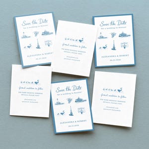 K&ouml;nnte beinhalten: Eine Sammlung wei&szlig;-blauer Hochzeitskarten mit der Aufschrift "Save the Date". Jede Karte zeigt Illustrationen von Wahrzeichen von Boston und den Text "Save the Date for a wedding in Boston!" und "Alexandra & Robert 06.21.2026."