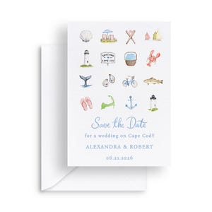 Peut inclure: Une carte "Save the Date" de style aquarelle avec des illustrations côtières. La carte présente des images d'un coquillage, d'un phare, d'un homard et d'un vélo. Le texte indique "Save the Date for a wedding on Cape Cod!!" avec les noms et la date.