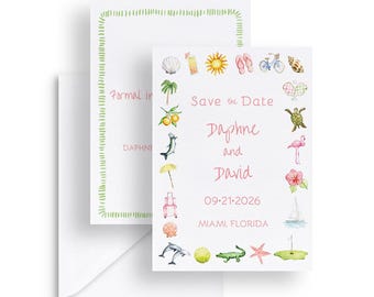 Florida Watercolor Border Save the Date Template, 5x7 Editable Design, Stationery Invitations for Tropical Wedding, Illustrated