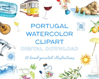 Portugal Illustration Pack: Watercolor Clip Art Digital Download, Hand-painted New England