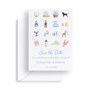 Peut inclure: Une carte blanche avec un message bleu "Save the Date" et des illustrations à l'aquarelle d'icônes sur le thème de la plage. La carte comprend les noms Alexandra & Robert et la date 06.21.2026. La carte est dans une enveloppe blanche.