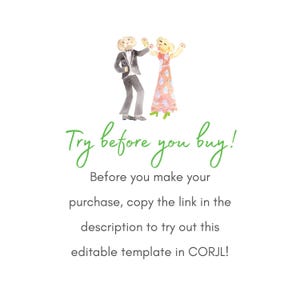K&ouml;nnte beinhalten: Aquarellillustration mit zwei tanzenden Figuren, einer im Smoking und die andere in einem gebl&uuml;mten Kleid. Der gr&uuml;ne Schriftzug lautet "Try before you buy!" und Anweisungen zum Ausprobieren einer editierbaren Vorlage.