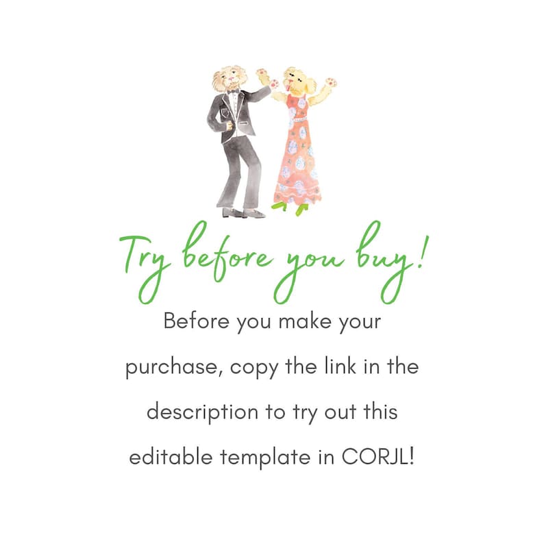 K&ouml;nnte beinhalten: Aquarellillustration mit zwei tanzenden Figuren, einer im Smoking und die andere in einem gebl&uuml;mten Kleid. Der gr&uuml;ne Schriftzug lautet "Try before you buy!" und Anweisungen zum Ausprobieren einer editierbaren Vorlage.