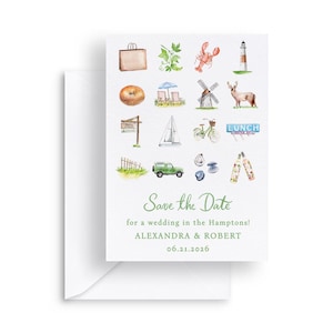 Peut inclure: Une invitation de mariage de style aquarelle avec diverses illustrations sur le thème des Hamptons. Le design comprend un homard, un phare, un moulin à vent et une voiture verte. Le texte indique "Save the Date" pour un mariage aux Hamptons, avec les noms Alexandra & Robert et la date 06.21.2026.