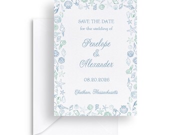 Watercolor Sea Shell Save the Date Template: Coastal Blue, 5x7 (Digital Download)