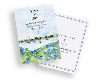 Sailboats and Hydrangeas Save the Date Template, 5x7 Editable Template, Stationery Invitations for Cape Cod Wedding New England, Watercolor