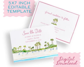 Palm Tree Beach Save the Date Template, 5x7 Editable Template, Stationery Invitations for Island Wedding, Tropical Watercolor