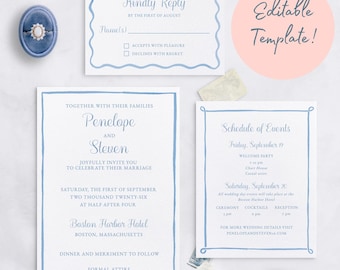 Blue Watercolor Wedding Suite -  5x7 TEMPLATE, Editable Invitations