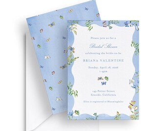 Modèle d'Invitation pour la douche nuptiale papillon bleu : aquarelle florale (téléchargement numérique modifiable 5 x 7)