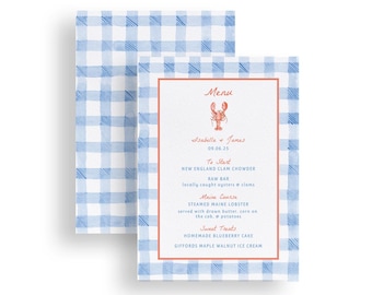 Lobster Bake Rehearsal Dinner - Menu TEMPLATE, Blue Watercolor Gingham Printable Invitations, 5x7 Editable Template