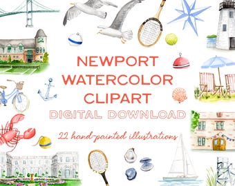 Newport Rhode Island Illustration Pack: Watercolor Clip Art Digital Download, Hand-painted New England