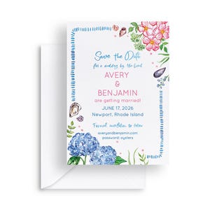 May include: A white wedding invitation with a watercolor design. The invitation includes the text "Save the Date" and details for Avery and Benjamin's wedding on June 17, 2026, in Newport, Rhode Island. Floral and seashell illustrations decorate the border.