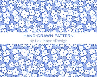 Blue Hydrangea Floral Seamless Pattern | Coastal Scrapbook Paper, Floral Fabric Print, Warm, Blue and White Pattern