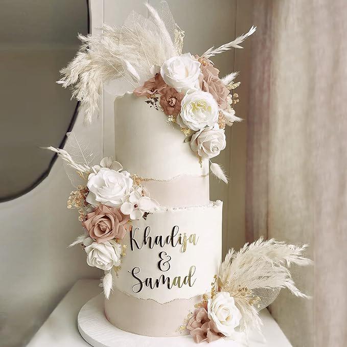 33 PCS Boho Cake Topper Decorations Vintage Artificial Rose Flowers Leaves Various Dried Pampas Grass for Cake Decorating Kit for Wedding