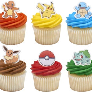 Cupcake Decorations With Pikachu, Bulbasaur, Eevee, Charmander, Squirtle, and Poké Ball, Multicolored Food Safe Cake Toppers – 24 Pack