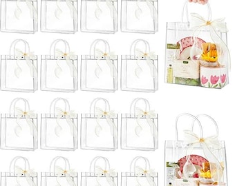 24 PCS Clear Plastic Gift Bags with Handles, Reusable Party Favor Bags with Ribbon Transparent Gift Wrap Bags Bulk for Weddings Birthdays,