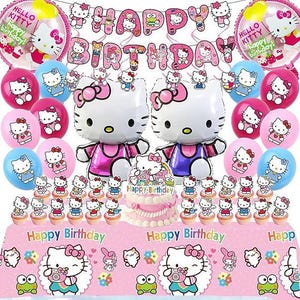 Cute Pink Birthday Party Supplies, Cartoon Party Decorations Set Include Banner, Hanging Swirls, Cake Cupcake Toppers, Balloons, Tablecloth