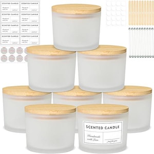 12oz Candle Jars 8 Pack, Large Frosted Glass Empty Candle Jars for Candle Makings with Bamboo Lids and Wick Kit, 2/3 Wick Wide Mouth Candle