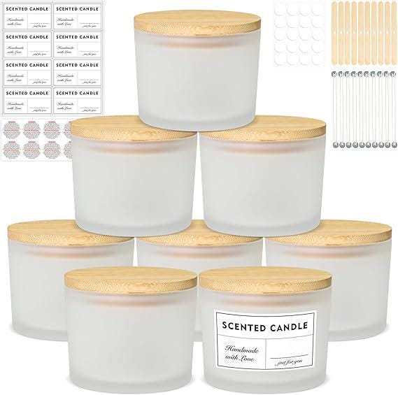 12oz Candle Jars 8 Pack, Large Frosted Glass Empty Candle Jars for Candle Makings with Bamboo Lids and Wick Kit, 2/3 Wick Wide Mouth Candle