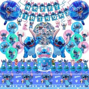 Fournitures de fête Stitch, ensemble de 103 décorations d&#39;anniversaire comprenant une bannière, des ballons, des autocollants, des tourbillons suspendus, des décorations pour gâteaux et cupcakes, une nappe