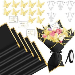 Papel de embrulho para buquê de flores - Preto, 20 folhas, à prova d'água, com alfinete de borboleta, cartões comemorativos e fita para suprimentos de floricultura DIY