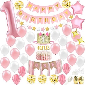 Baby Girl First Birthday Decorations - 1st Birthday Girl Decoration Pink Gold Party Supplies - Happy First Birthday Banner, Number 1