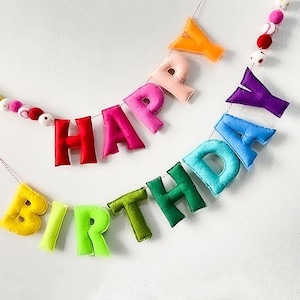 Happy Birthday Banner - FilzkugelGirlande - HAPPY BIRTHDAY Girlande, Regenbogen Geburtstagsdekoration, personalisiertes Happy Birthday Schild