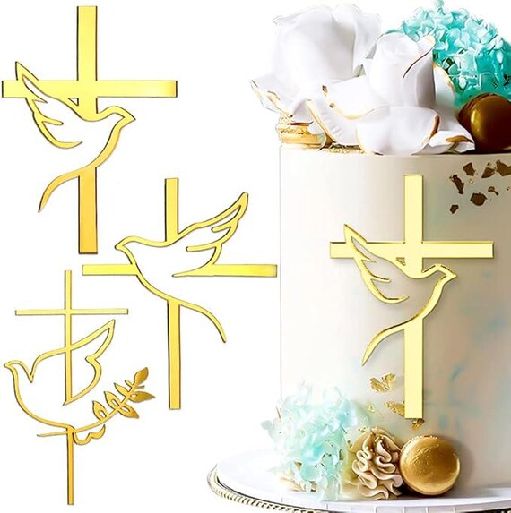 Religious Dove Cake Topper - First Communion & Baptism Party Decorations, Gold Glitter - View #6