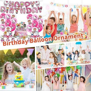 Cute Pink Birthday Party Supplies, Cartoon Party Decorations Set Include Banner, Cake Topper, Balloons, Cupcake topper Toppers for Girls