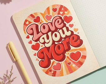 Quadro decorativo retrô "Te amo mais" com corações e tipografia vintage.