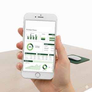 May include: A white smartphone displaying a budget planner app with green and white charts and graphs. The screen shows a pie chart indicating 40% income spent. A white mouse rests on a green mousepad.