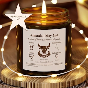 Personal Gift Zodiac Sign Taurus April May Birthdate Candle Personalized Custom Name Birth Month Gift For Her Him Birthday Astrology Present