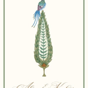 May include: Watercolor illustration of a bird perched atop a stylized green plant. The bird has blue and green feathers, and the plant has a detailed leaf pattern. The names "Alia & Kabir" are written in elegant script.