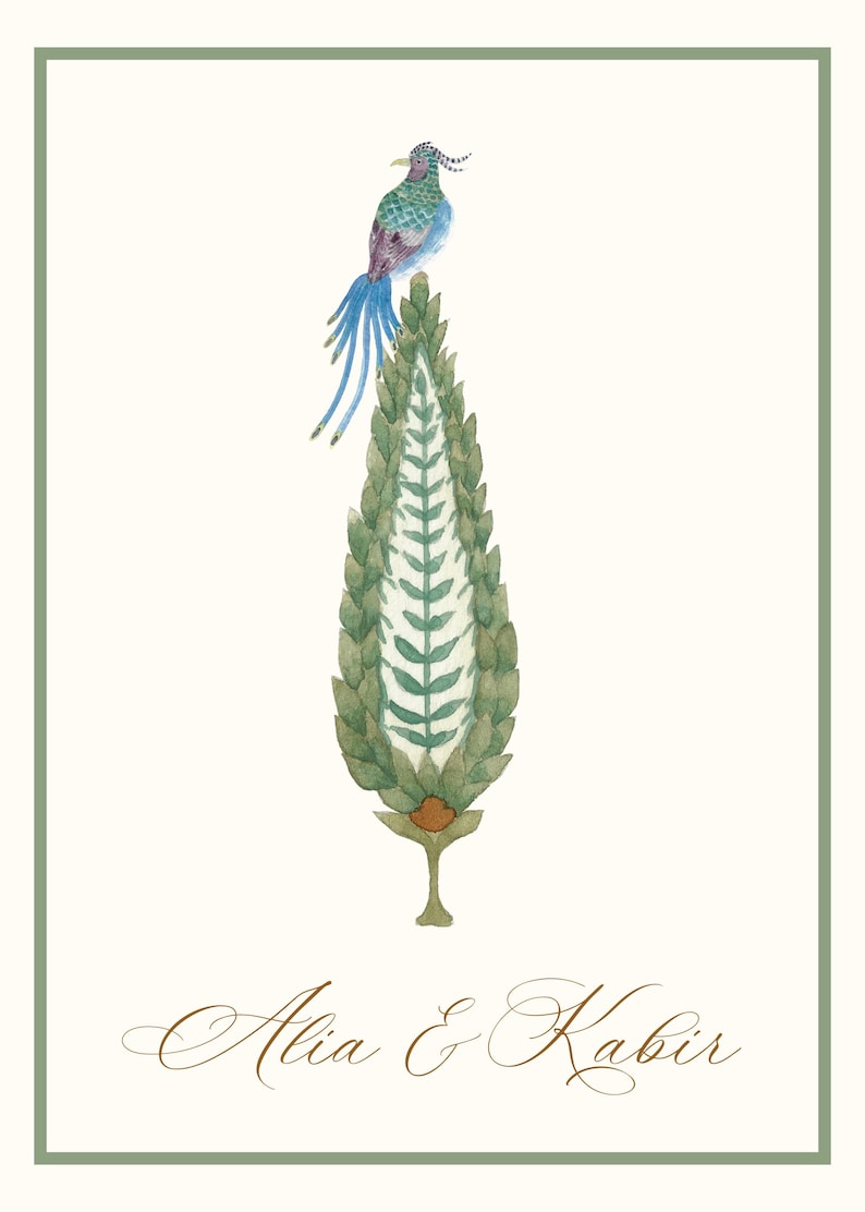May include: Watercolor illustration of a bird perched atop a stylized green plant. The bird has blue and green feathers, and the plant has a detailed leaf pattern. The names "Alia & Kabir" are written in elegant script.