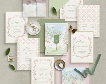 Watercolor Indian Wedding Invitation Suite l Floral Mehendi, Sangeet & Reception l Canva Template